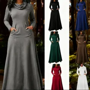 LYQQ2025 new autumn and winter solid-color patchwork pocket neck long dress with a big swing Grey BlueLYQQ