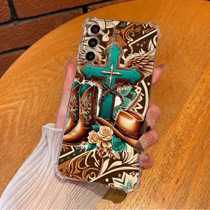 Cross Cowgirl Boots Hat Phone Case For SAMSUNG GALAXY A14 A15 A16 A25 A26 A34 A35 A36 A53 A54 A55 A56 4G 5G Gift Ideas Anti-drop Cellphone Protective Shell Soft Transparent Shockproof Mobile Phone Cover