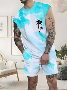 Summer Men's Street Style Tropical Tie-Dye Coconut Tree Sleeveless Set, Breathable Comfort Sport Casual T-Shirt Shorts Two-Piece Set