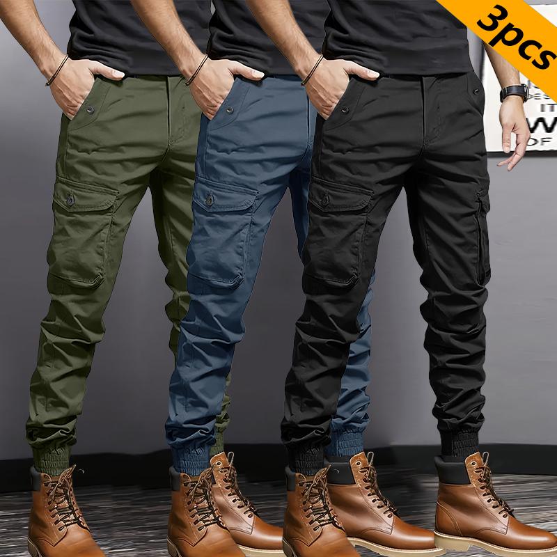 3 Pack Men's Heavyweight Multi-Pocket Work Pants with Large Cargo Pockets, Drawstring Elastic Waist Tactical Workwear - Regular Fit All Season Soldier Style, Suitable for Halloween Parties & Everyday Wear/Hiking/Construction Work - Durable Non-Stretch Fab