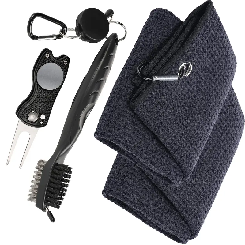 Golf Towel & Brush Equipment Kit - Black Microfiber Towel, Aluminum Alloy Divot Tool, Metal Pick, Ball Marker, Long-Lasting Club Cleaner Set for Men, All Skill Levels Golf Gift