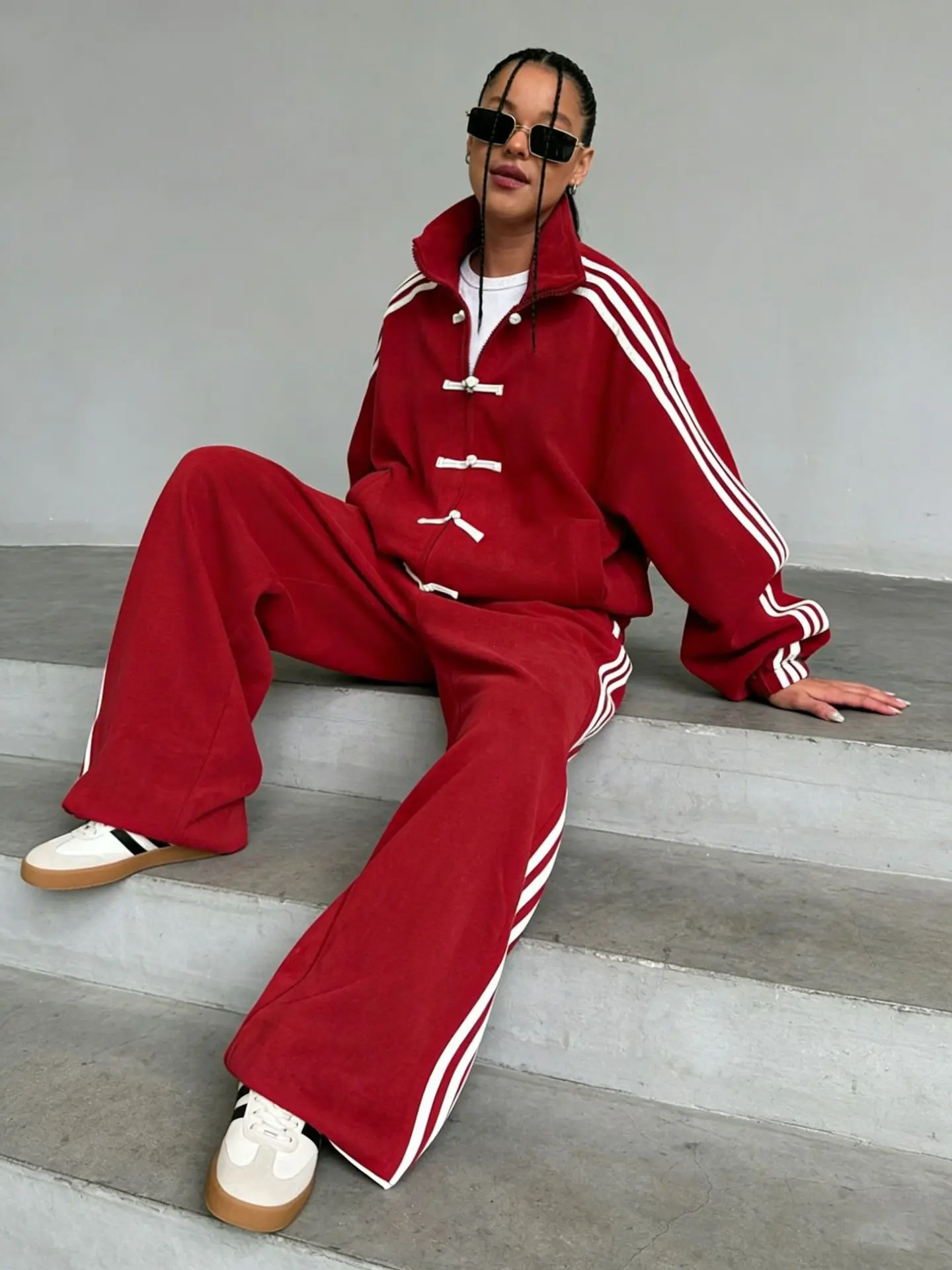 Women's Chinese Frog Button 3 Striped Tracksuit 2 Piece Set - Zip Up Stand Collar Jacket & Wide Leg Pants Y2K Streetwear Casual Sport Outfit