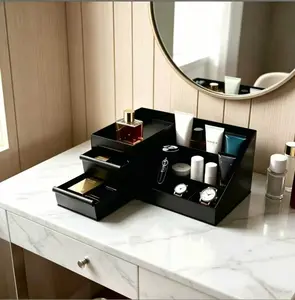 High-end Men's Storage Box Black Large-capacity Desktop Organizer with 7 Compartments 2 Extra-deep Drawers Waterproof Dust-proof for Shaving Products Perfumes Skin Care Items Ideal for Bathroom Vanity Tables Offices Men's Gift