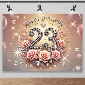 23rd Birthday Backdrop with Pink Roses, Sparkling Diamonds, and Chic Balloons - Perfect for Studio Photography and Party Decorations by HUBGO, Photography Backdrop | Elegant Birthday Theme | Luxurious Design, Birthday Party Decorations