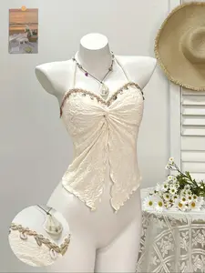 New Women's Textured Knit Fabric Floral Halter Top with Braided Ribbon, Shell Sequins Pendant, Backless Knot Front Shirt, Boho Style Summer Beach Fashion