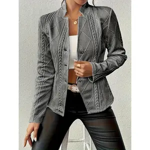 Autumn Winter Long Sleeve Single-breasted Stretch Fiber Heathered Jacket for Casual Wear Regular Cut Unlined Three-button Textured Blazer