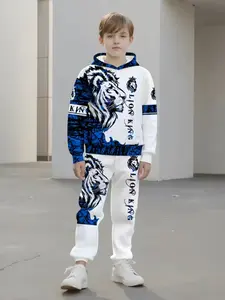 Boys' 3D Cool Lion Hooded Sportswear Set, Casual Fitted Sweatshirt and Pants for Ages 13 and Below, Spring and Fall Outdoor Activities