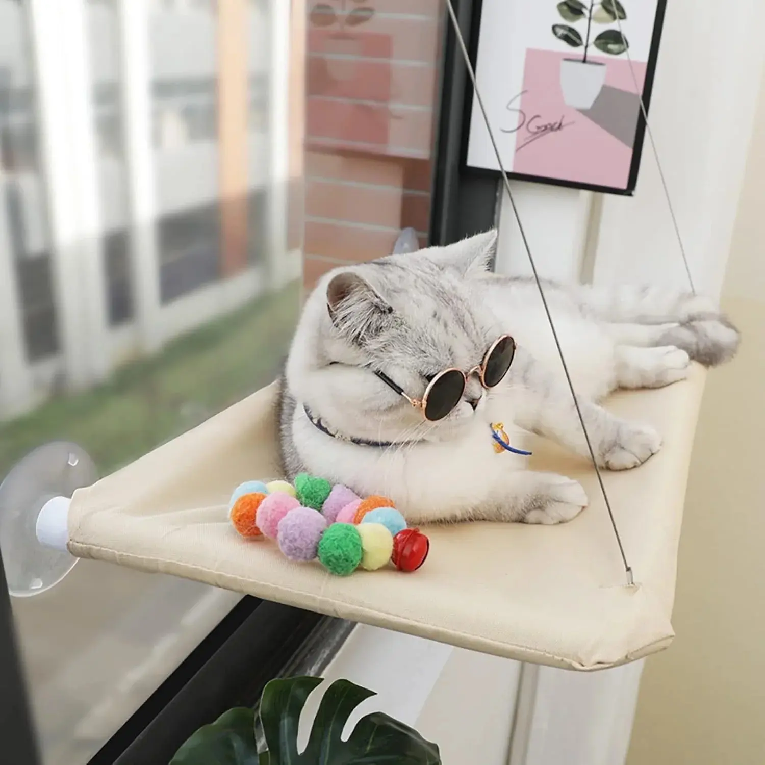 Window-Mounted Cat Hammock Perch Bed Home Accessory, Foldable Suction Cups, Sturdy Cloth-PVC Support, 25x13 in Space-Saving Sunbathing Seat for Large Cats, 22x11.5x1 in, All Seasons, Machine Washable (Beige Premium Set), 25 Inches * 13 Inches