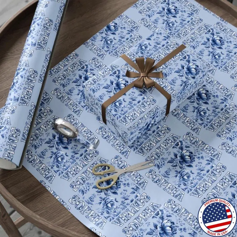 Personalized Name Blue Chinoiserie Floral Wrapping Paper Roll, Custom French Toile De Jouy All Occasion Gift Wrap Sheet Vintage Flower Party