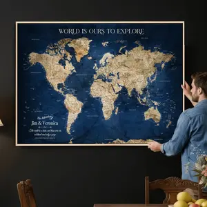 Custom Push Pin World Map Personalized Travel Tracker Canvas Gift Framed Anniversary Decor for Couples or Family Adventures