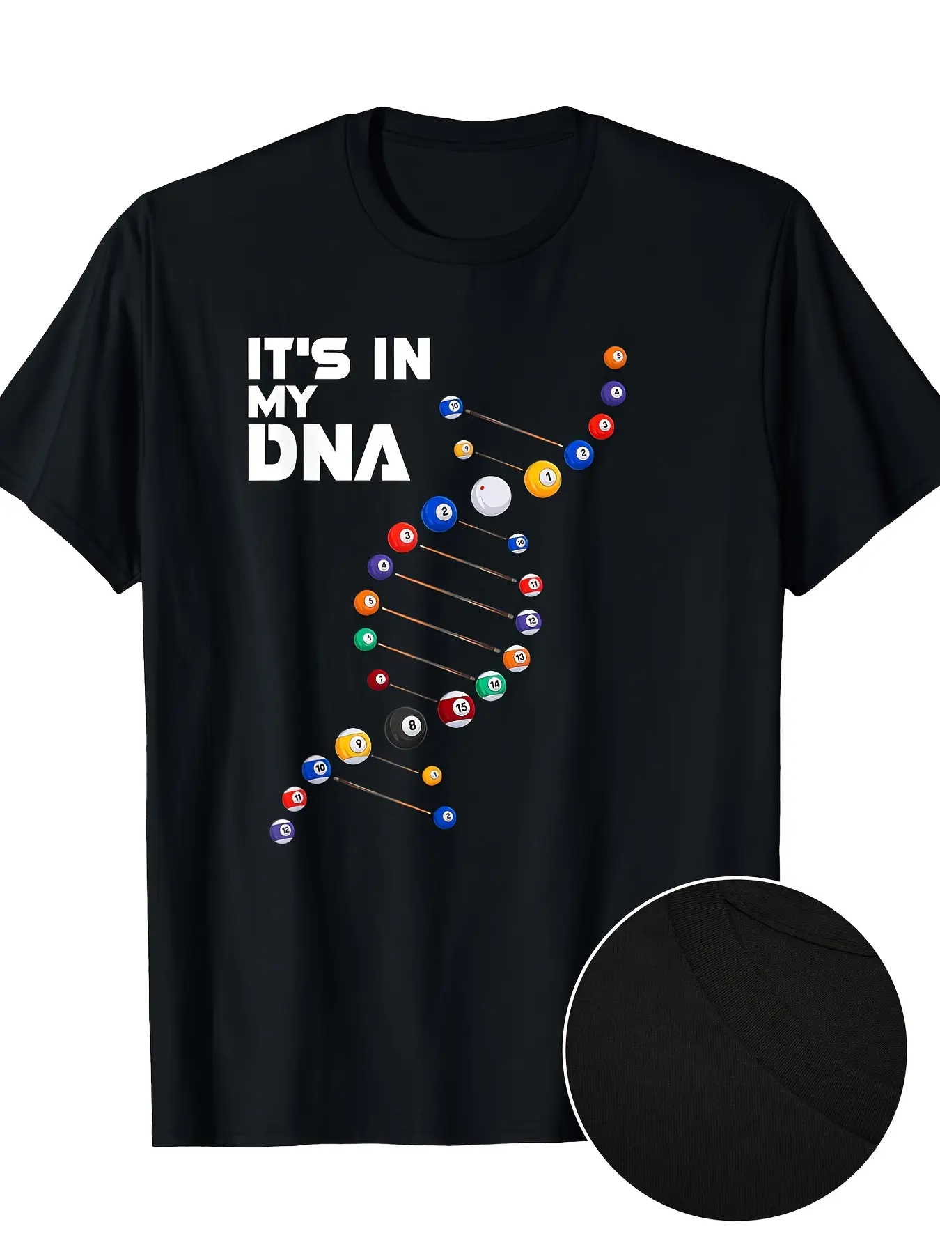 Men'S Retro "It'S In My DNA" Pool Billiard Graphic T-Shirt -  220gsm Heavyweight, Moisture-Wicking Black Tee with Colorful DNA Double Helix & Billiard Ball Design for Casual & Sports Wear - All-Season Comfort Fit Round Neck Shirt, Graphic Tees, Graphi