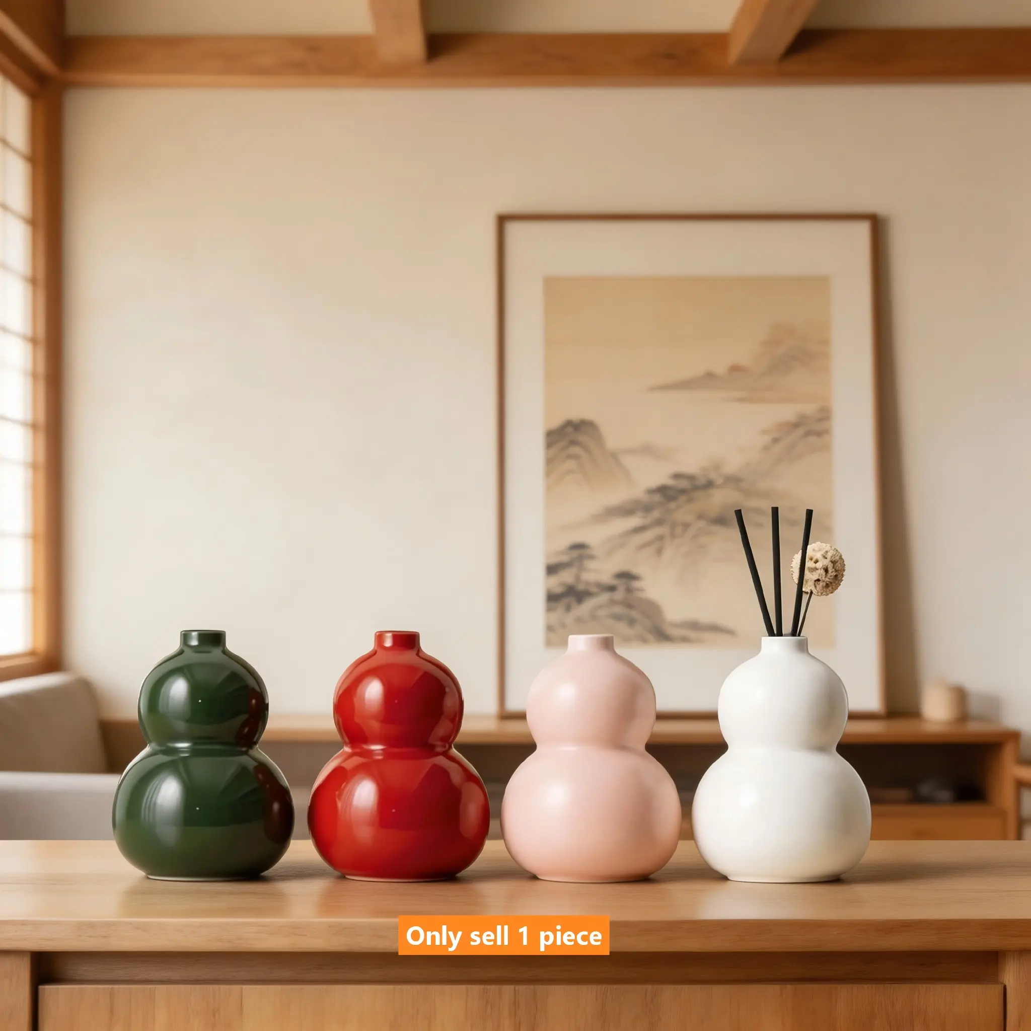Gourd-Shaped Ceramic Reed Diffuser Bottle, 300ml/10oz Aromatherapy Vase, Minimalist Home Decor, Modern Aesthetic for Living Room, Bedroom, Office, Farmhouse Style, Boho, Refillable Fragrance Container