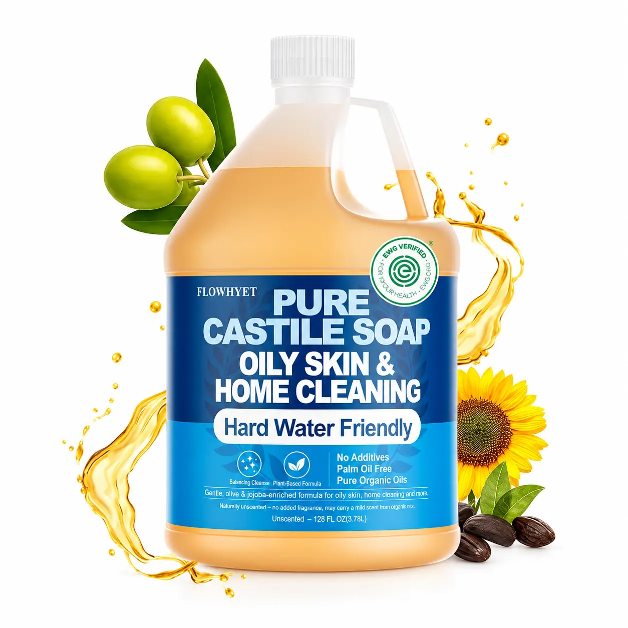 FLOWHYET 128oz EWG Verified Unscented Pure Castile Liquid Soap - Organic, Oily Skin & Hard Water Friendly, Glycerin-Infused Body Care Cleanser, Foam Refill for Hand Soap & Home Cleaning