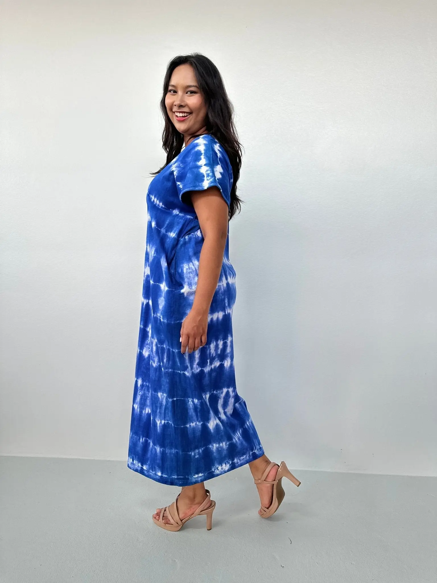 Women's Petite Sapphire Tie-Dye Kaftan Dress - Soft Cotton Jersey, Precise Neckline & Hem Placement, Optional Belt for Belted or Loose Wear, Casual Statement Clothing, Clothes