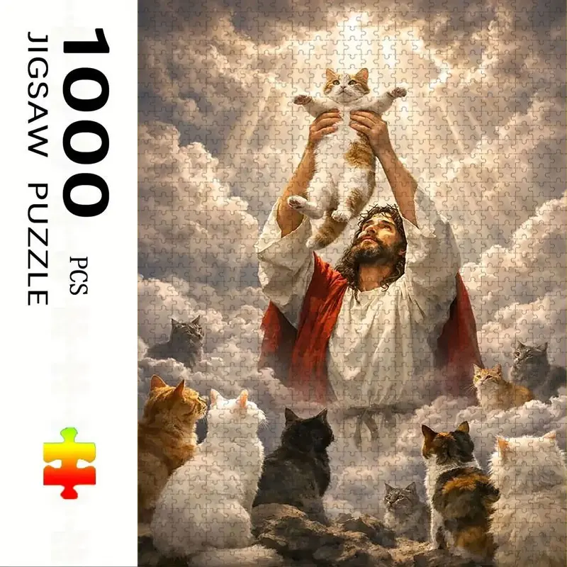 1000 Piece Jesus & Cat Theme Puzzle, Large Adult Family Interactive Toy, DIY Home Decor Brain Challenge, Holiday Scene, Perfect Gift