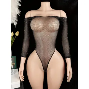 Sexy Lingerie Hot Diamond One-Piece Fishnet Stockings Temptation Female Big Hole Fishnet Tube Top No Need to Take Off Black Adult Flirting Valentine'S Day New Black Sexy Fabric Womenswear Bodysuits Knit Solid Comfort