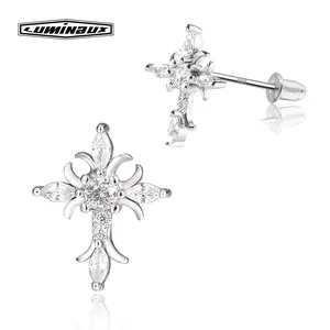 [LUMI63] S925 Sterling Silver Floral Cross Screw Back Earring, Iced out AAAAA+ Stud Earrings for Women Men, Ideal Gift for her him