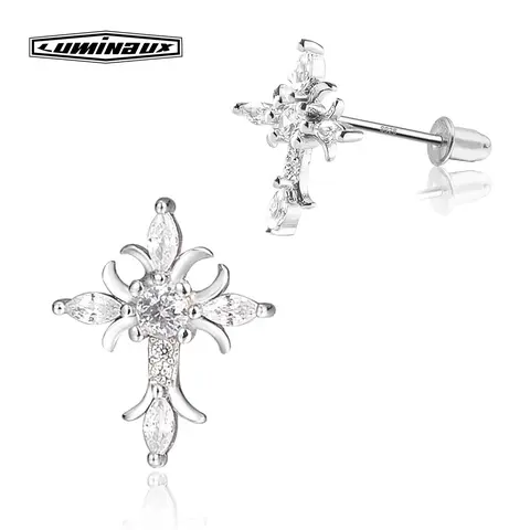 S925 Sterling Silver Floral Cross Stud Earring, Iced out AAAAA+ Earrings Modern Versatile Accessories Fashion Jewelry Perfect Birthday Anniversary Engagement Christmas Gift Ear Studs