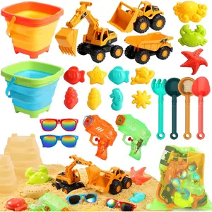 P-TBT082  Beach Toys for Kids, Sand Toys with 2 Collapsible Beach Bucket,3 Dump Truck,2 Sunglasses,Ocean Molds,Sandbox Shovel,2 Mesh Bag Sand Castle Building Kit Travel Beach Essentials for Toddler 3-10