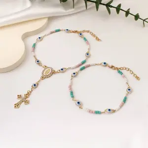 Evil Eye & Cross Beaded Bracelet Set, Boho Protection Bracelet Set, Turquoise & Pink Beads Mary Charm Protection Jewelry