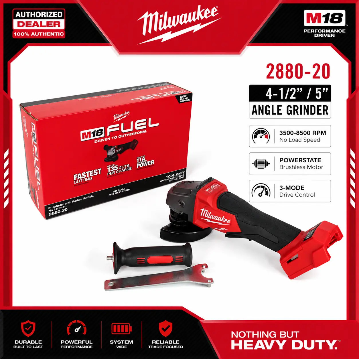 Milwaukee M18 FUEL 2880-20 18V Brushless Cordless 4-1/2"–5" Angle Grinder, 3-Mode 3500–8500 RPM, POWERSTATE Motor