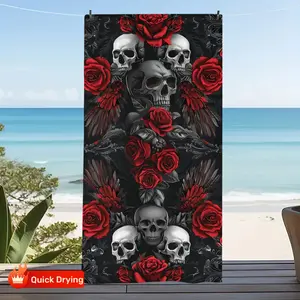 1PC Gothic Dark Rose  Skull Printed Beach Towel, Quick-Drying  Soft, Rectangular Bath  Pool Towel for Adults, Bold Red Rose  Skull Pattern with Black Background, Skin-Friendly  Comfortable