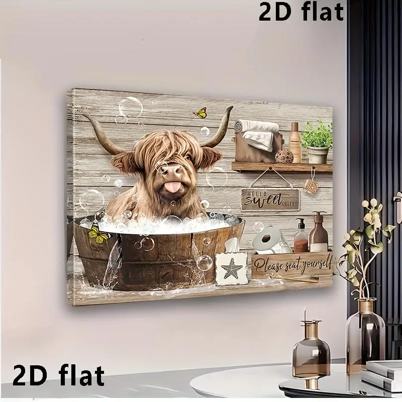 2D Flat Charming Highland Cattle Canvas Art Wooden Framed Wall Decor for Living Room Bedroom Kitchen Office Perfect Gift Idea Perfect for Room Decor, 2D Flat	
