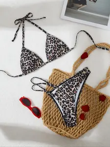 Two-Piece Set Women's Leopard Print Halter Triangle Bikini Set, Tie Back Swim Top & Swim Bottom, Two-piece Swimsuit for Beach Holiday Vacation, Leopard Print Bikinis, Halter Neck Bikini