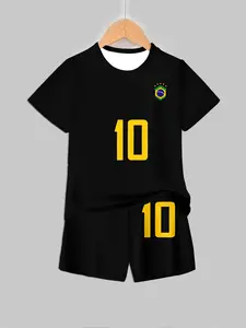 Boys Brazil Team No. 10 Short Sleeve Set, Football Fan Two-Piece, Casual Asymmetrical Tee and Shorts, Fitted Regular Length, Sports Clothing