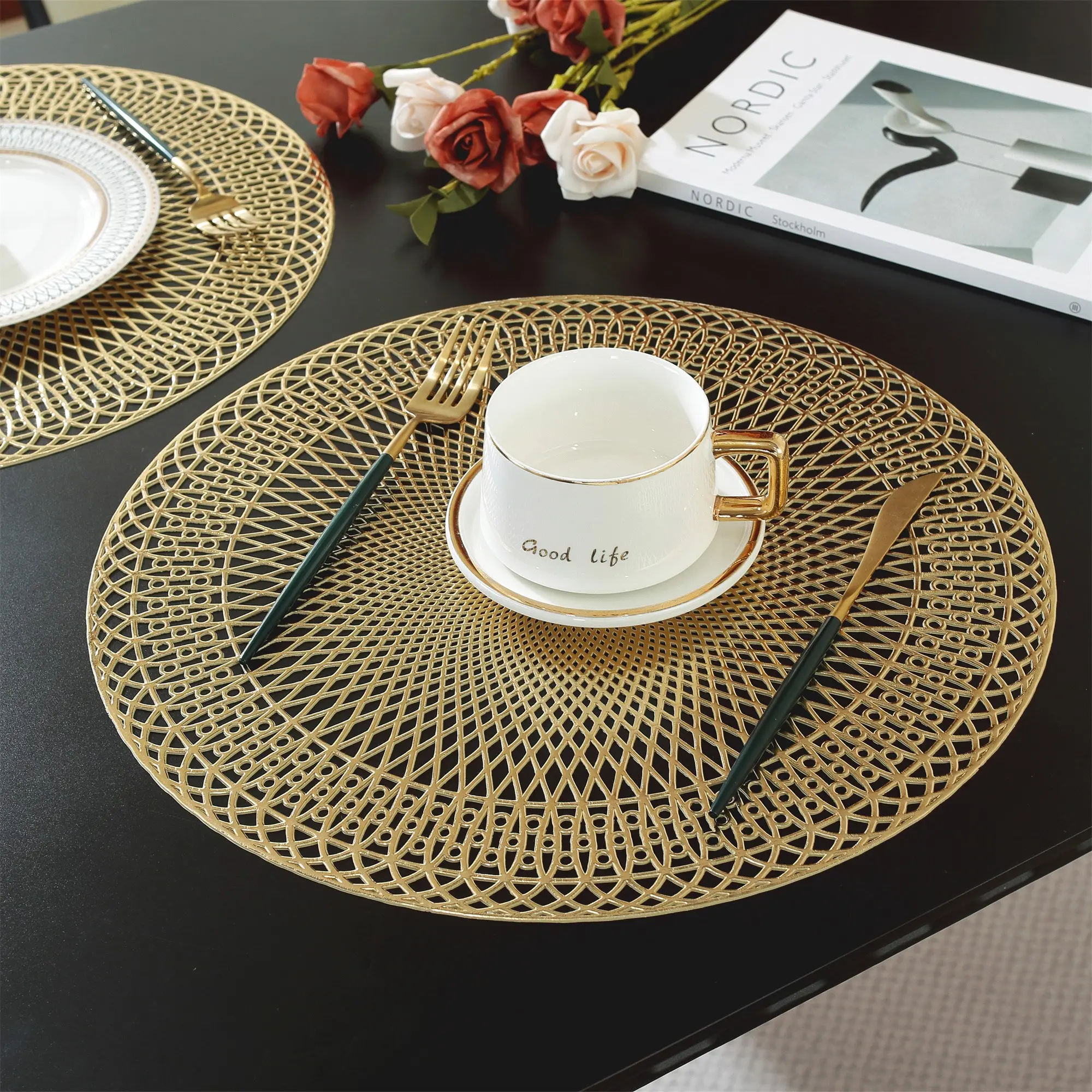 6/8pcs Hotel Restaurant Placemats, High-End Modern Round Insulation Mats, Table Mat, Household Placemat, Home Kitchen Decorative Placemat, Protects Desktop, Wedding Christmas Party Decor
