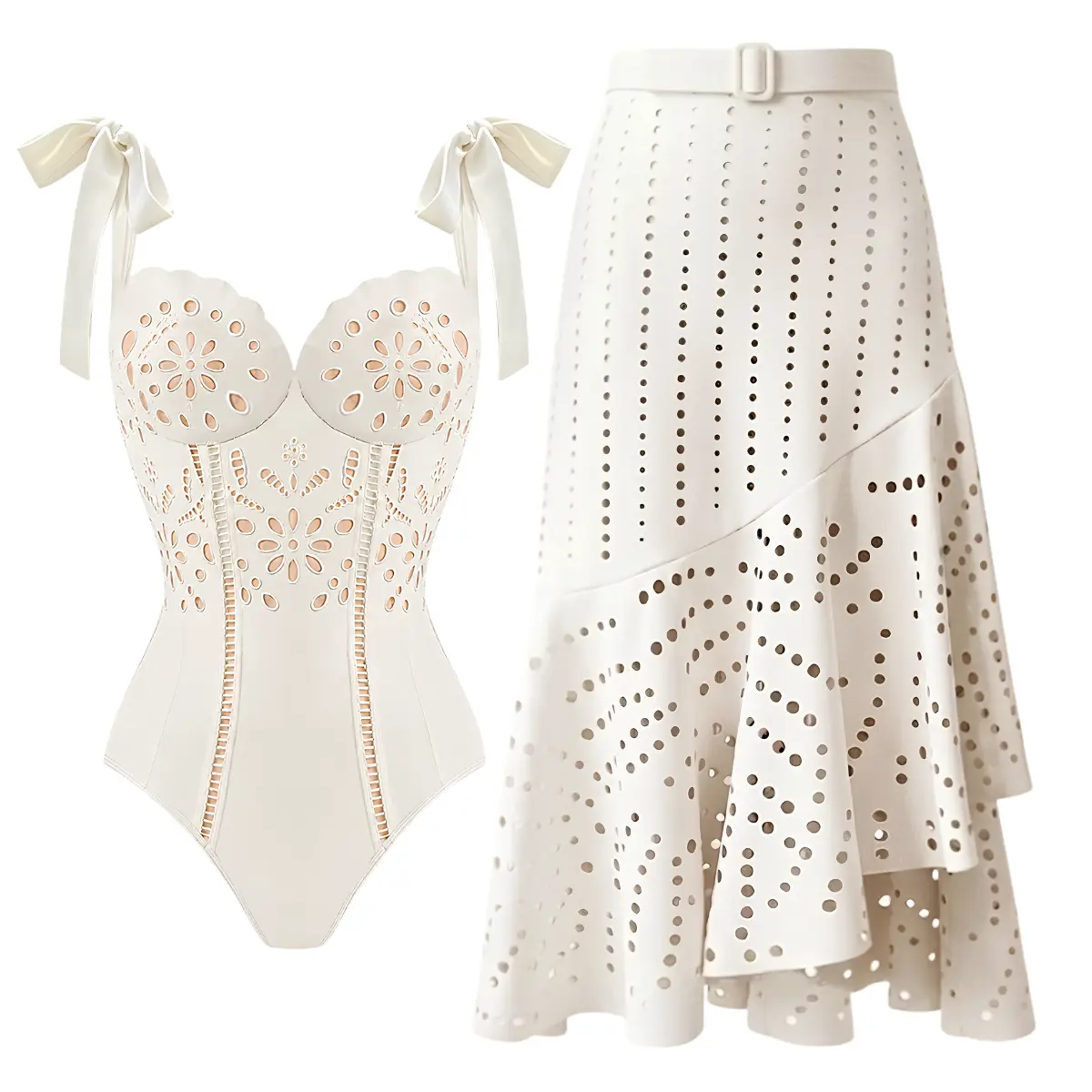 FLAXMAKER Women's White Tummy Control 1-Piece Swimdress Set - Laser-Cut 3D Floral Cutout, Matching Cover Skirt, Multi-Size Stretch Fabric, Figure Flattering Quick Drying Vacation Swimwear
