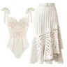 FLAXMAKER Women's White Tummy Control 1-Piece Swimdress Set - Laser-Cut 3D Floral Cutout, Matching Cover Skirt, Multi-Size Stretch Fabric, Figure Flattering Quick Drying Vacation Swimwear