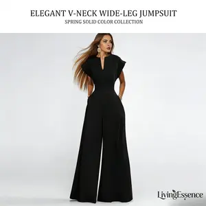 2026 Spring Black Solid Color jumpsuit | V-neck Hat Sleeve High Waist Wide Leg jumpsuitRAIMENTRY