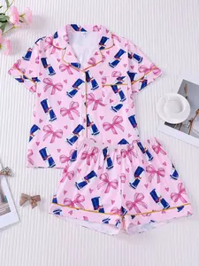 2-piece women's full body pink bow love drink bottle short sleeved shorts soft and comfortable skin friendly smooth top small pocket button closure elastic waistband suitable for all seasons home casual wear pajamas