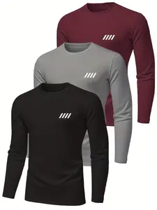 Men's 3-Piece Printed Long Sleeve T-Shirt Set, Casual Loose Fit, Round Neck, Soft Fabric, Durable Stitching, Fall Wardrobe Essential