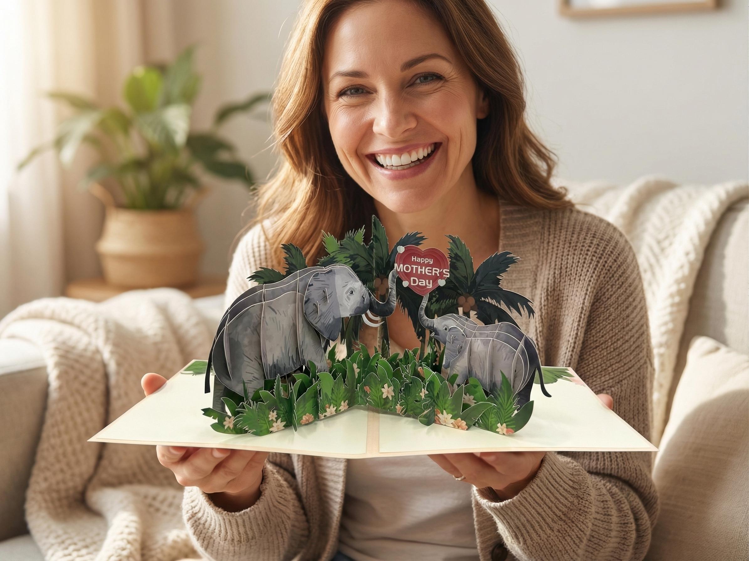 Mother’s Day 3D Pop-Up Elephant Card – Mom & Baby Elephant Design, Cute Handmade Greeting Card, Heartfelt Gift for Mom