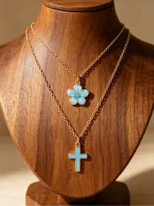 2-Piece Necklace Set, Cherry Blossom Cross Pendant Layered Design, Elegant Fashionable Multi-Layer Necklace