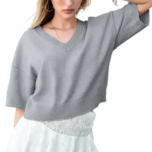 FAIABLE Women’s Cropped Sweater V Neck Oversized Knit Top Soft Lightweight Short Sleeve Pullover Loose Fit Casual Spring Fall Layering Top Stretchy Recycled Fabric Lounge Streetwear