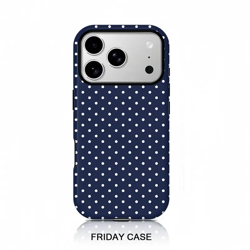 Navy Blue Polka Dot Polycarbonate 2-in-1 Glossy Basics Smartphone Case - Durable, Shockproof, Flexible TPU/TPU+PC Resists Wear Cover for iPhone 17,17 Pro,16 Pro Max,15 Pro,13,12,11,XS,8 Plus,7 Cellphone Accessory