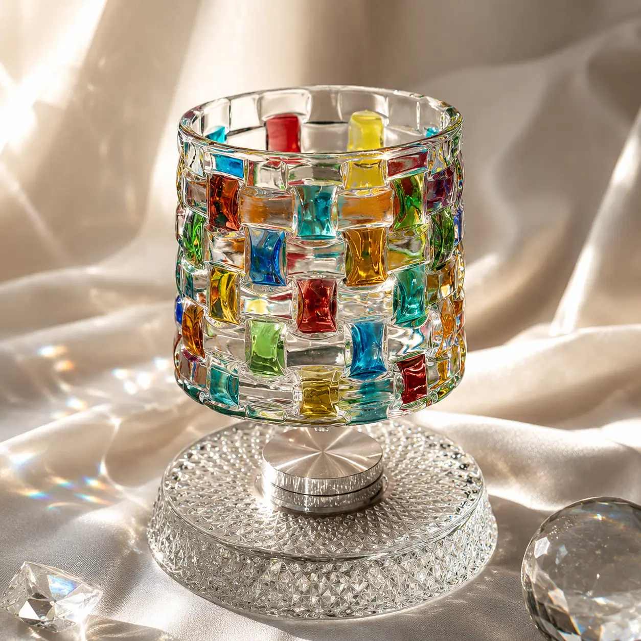 Rotatable Colorful Mosaic Crystal Glass Cup, 360° Spinning Base Hand Painted Rainbow Stained Glass Tumbler, Luxury Aesthetic Drinking Glass For Whiskey Wine Cocktail, Romantic Decorative Glass Vessel For Home Bar Table Decor Gift For Her