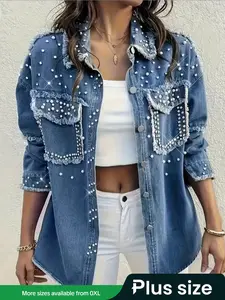 Women's Plus Size Rhinestone Pearl Decorated Denim Jacket, Casual Fashion Washed Jean Coat, Stylish Large Sizes Outerwear, Loose