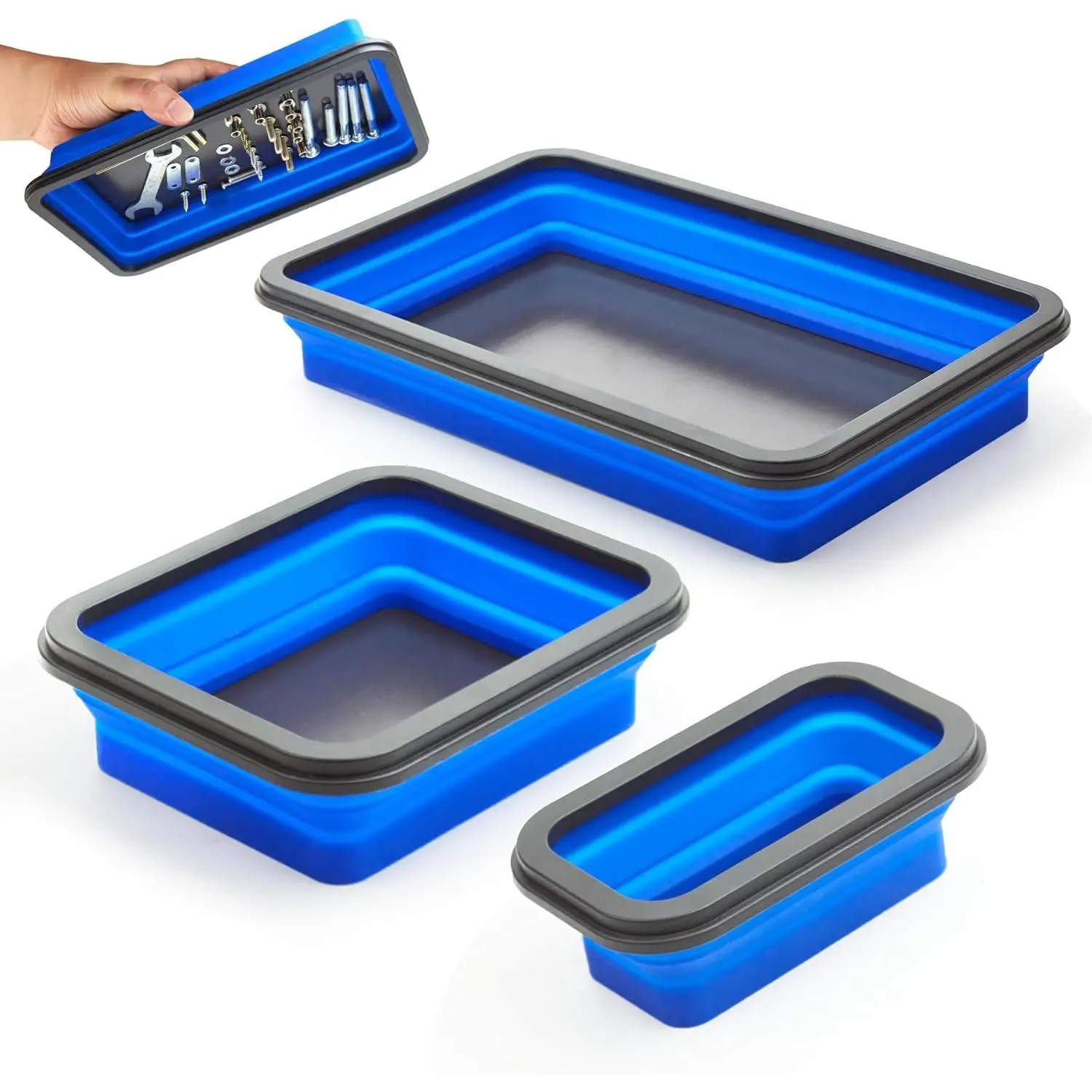 Collapsible   Tray Set Foldable  Tray 3 Different Size  Tool Trays for Screw, ,Nuts,with  Base Stores and Organizes Small  and Tools