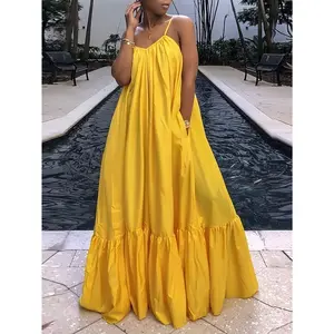 Plus Size Adjustable Spaghetti Suspender Dress - V-Neck Long Sleeveless Ruffled Hem H-Line Silhouette, Vibrant Yellow Machine Womenswear Summer Casual