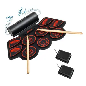9-Pad Electric Drum Set for Beginners, MIDI USB Connection Dual Stereo Speakers Black+Red