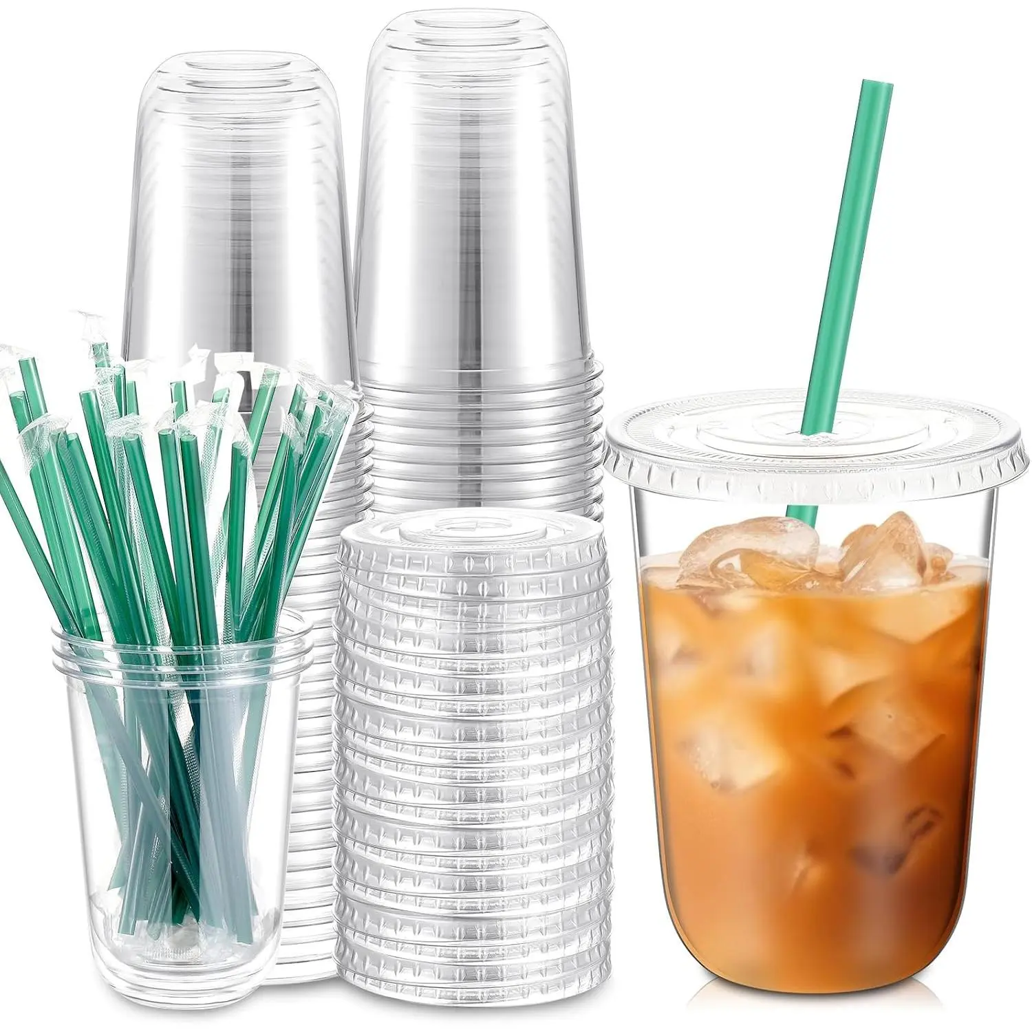 25 Set Plastic Cups with Lids and Straws, Disposable Plastic Iced Coffee Cup for Cold Beverage Juice Smoothie  for Coffee Shops Party Catering(Clear,16 oz)