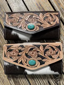 Cowhide Tooled Leather Wristlet Wallet with Turquoise Stone and Floral Embroidery