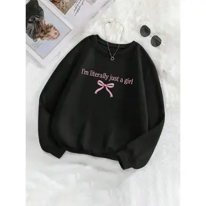 Women's Letter & Bow Print Drop Shoulder Sweatshirt, Casual Long Sleeve Round Neck Pullover for Fall & Winter, Ladies Clothes for Daily Wear
