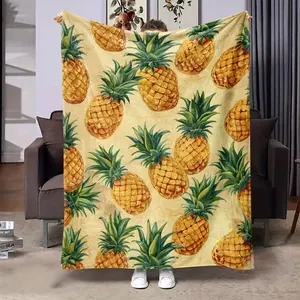 Pineapple Pattern Print Flannel Throw Blanket - Soft Warm Cozy Nap Wrap for Sofa, Office Bed, Camping Travel, Versatile Gift Multifunction Blanket for All Seasons, Contemporary Style, Digital Printing, 100% Polyester, Knitted Fabric, 200-250g Weight summe