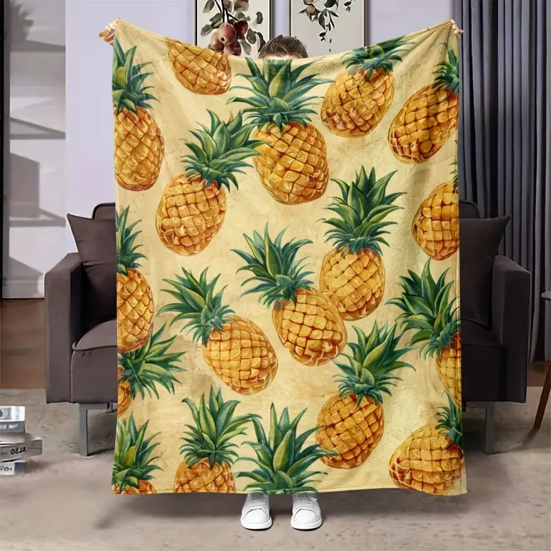 Pineapple Pattern Digital Print Flannel Throw Blanket - 100% Polyester Knitted, 200-250g, Soft Warm Cozy Modern Style, Home/Sofa & Camping Versatile Gift, All-Season Use