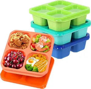 4 Pack Bento Snack Containers Set， 4 Compartment Food Storage Containers ，Wheat Straw Meal Prep Lunch Box ，Plastic Food Storage container, Microwave and Dishwasher Safe (Bright color)